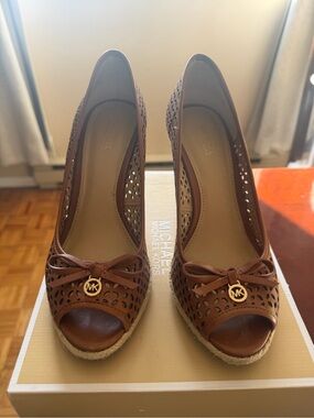 Michael Kors Brown Peep-Toe Perforated Leather Wedge Espadrilles